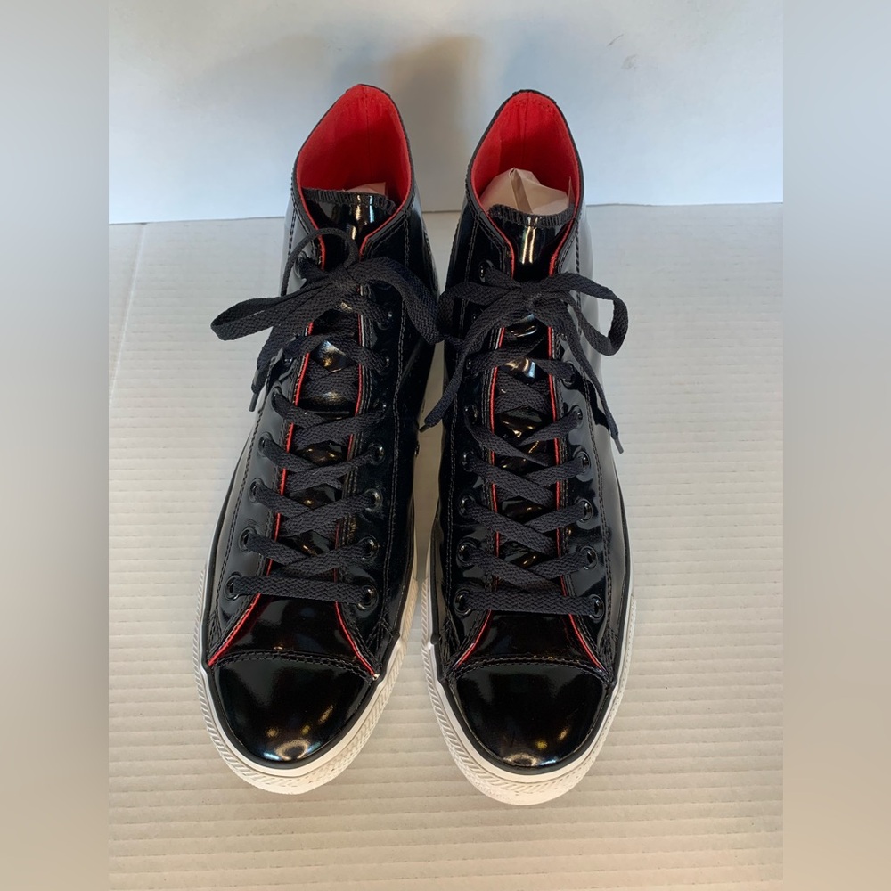 Converse High Top Chuck Taylors Size 11 Black Patent Leather Red Interior - Picture 9 of 13